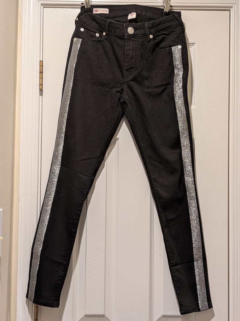 True Religion Black "Jennie Curvy"Skinny Jeans with Silver Glitter Side Stripes